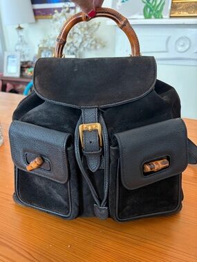 Vintage Gucci Suede & Leather Bamboo-Handle Navy Backpack